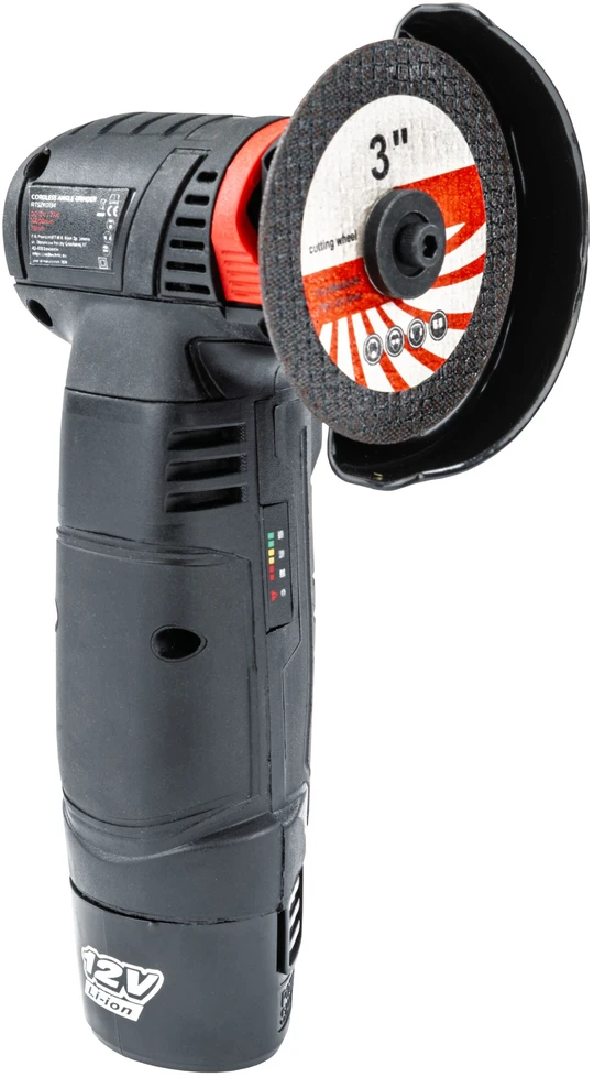 Red Technic Belaidis mini kampinis šlifuoklis, 12V bešepetėlinis, 76mm diskas, su 7 diskais metalui, betonui, medienai, poliravimui