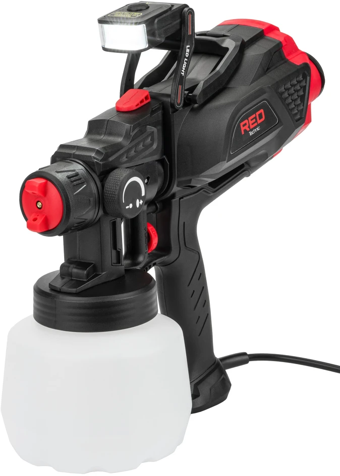 Red Technic Elektrinis dažų purkštuvas, HVLP technologija, automobiliams, medienos apdirbimui, DIY projektams, 650W, 1.2L bakas, su 3 antgaliais