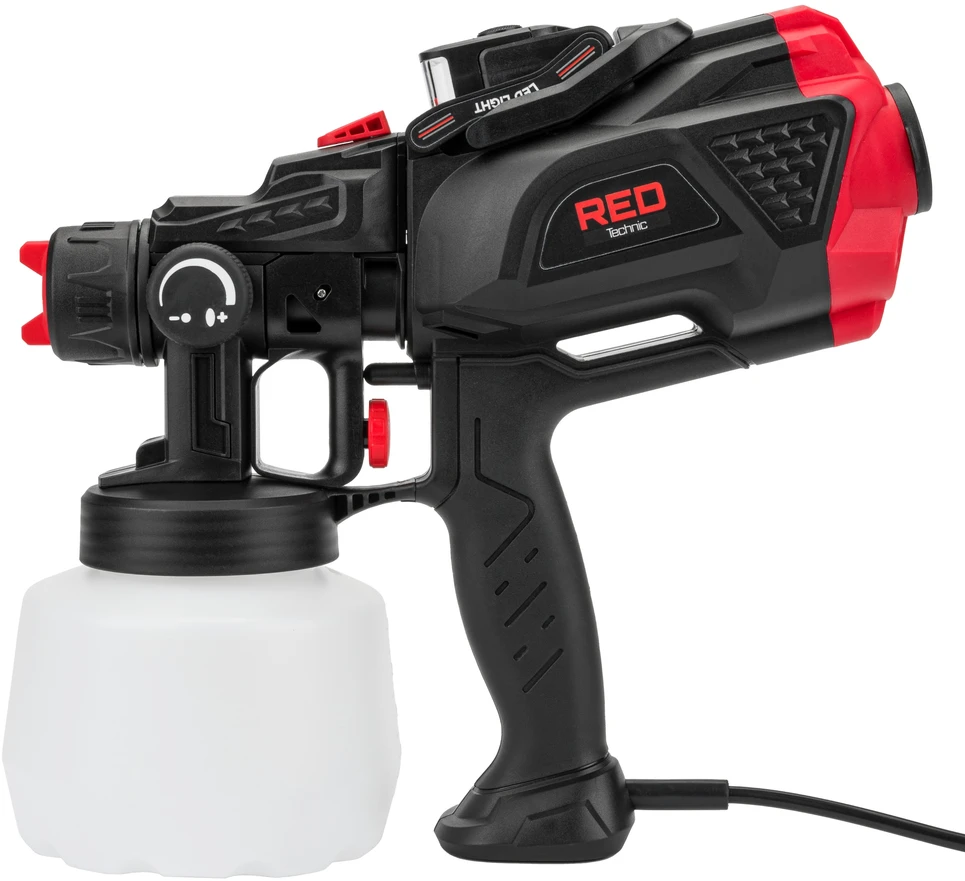 Red Technic Elektrinis dažų purkštuvas, HVLP technologija, automobiliams, medienos apdirbimui, DIY projektams, 650W, 1.2L bakas, su 3 antgaliais