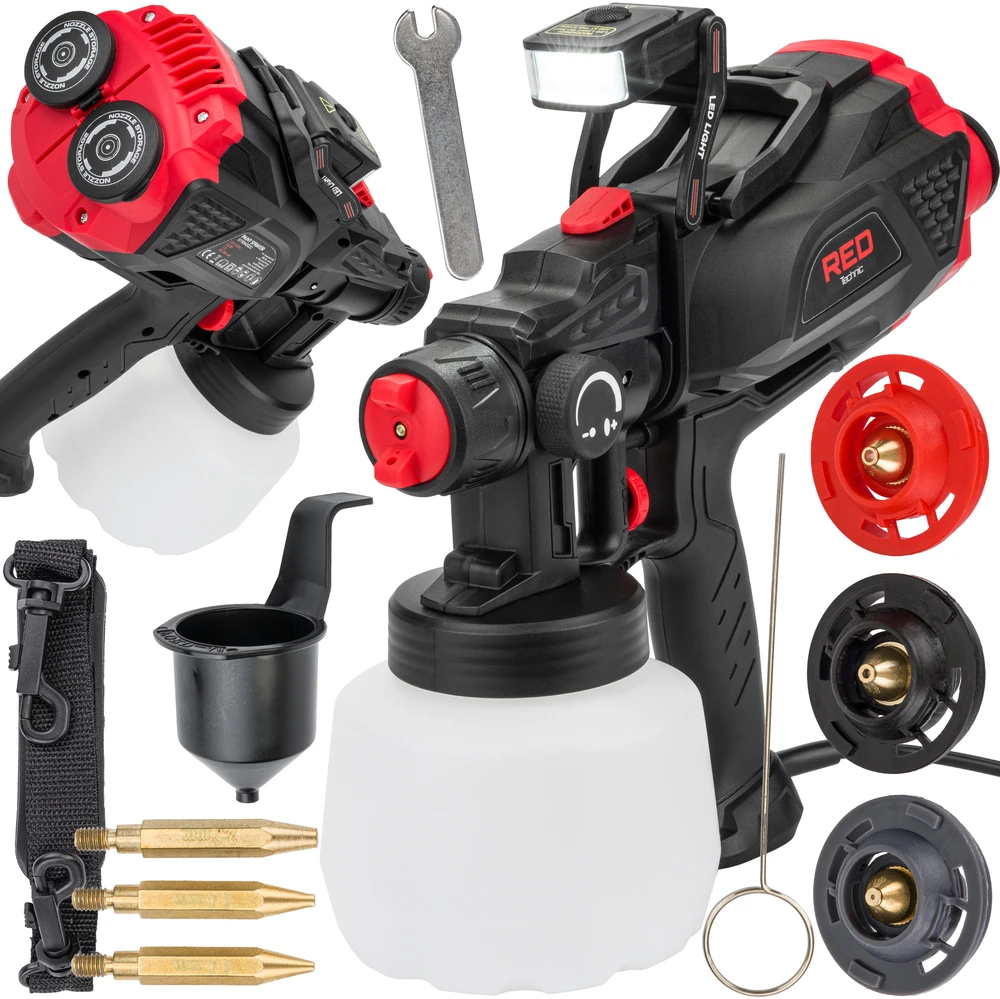 Red Technic Elektrinis dažų purkštuvas, HVLP technologija, automobiliams, medienos apdirbimui, DIY projektams, 650W, 1.2L bakas, su 3 antgaliais