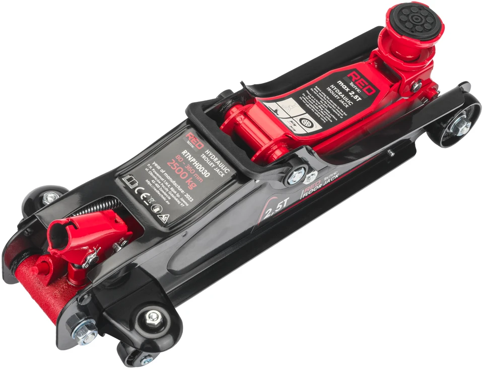 Red Technic Automobilinis domkratas, varlės tipo, 2500 kg talpa, su 30 mm prailginimu, žemo profilio hidraulinis domkratas garažui ir dirbtuvėms, sunkiasvorių transporto priemonių kėlimas