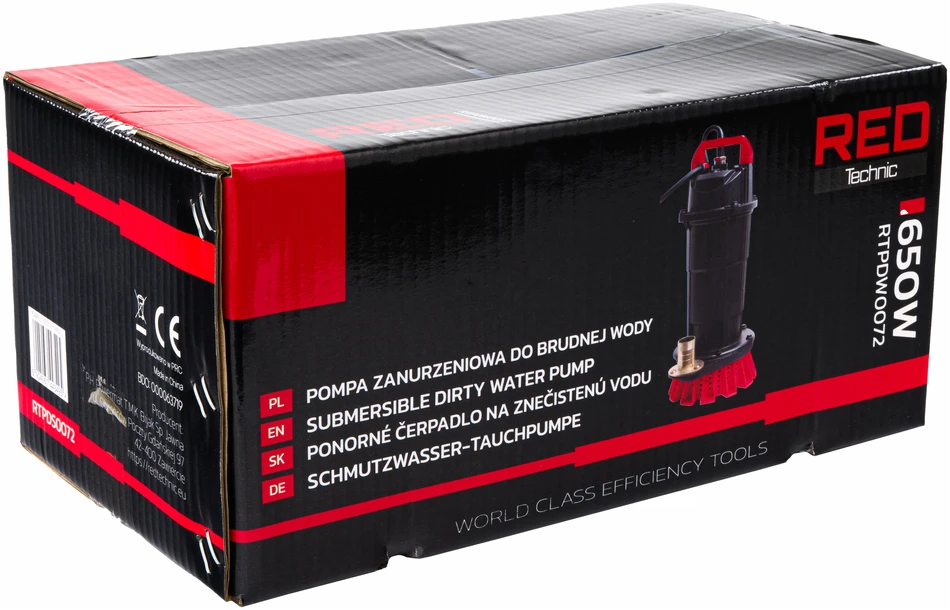 Red Technic Panardinamas nešvaraus vandens siurblys, švariam vandeniui, lietaus vandeniui, nuotekoms, 8000 litrų per valandą, 230V, 650W
