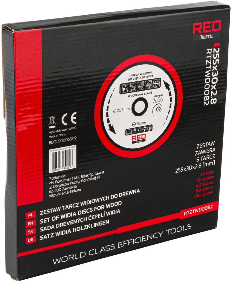 Red Technic Karbido antgaliais dengtų pjūklo diskų rinkinys, 255 mm medienos pjovimo diskai, 5 vnt. diskinėms, kampinėms, stalinėms pjovimo staklėms, ATB danties geometrija
