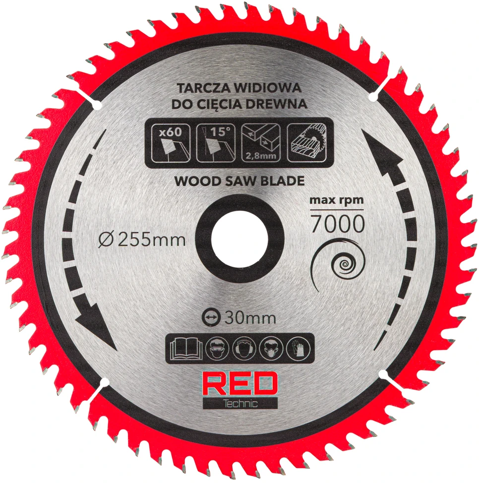 Red Technic Karbido antgaliais dengtų pjūklo diskų rinkinys, 255 mm medienos pjovimo diskai, 5 vnt. diskinėms, kampinėms, stalinėms pjovimo staklėms, ATB danties geometrija