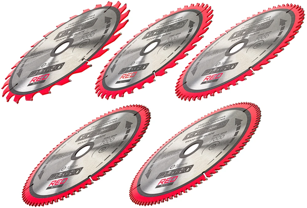 Red Technic Karbido antgaliais dengtų pjūklo diskų rinkinys, 255 mm medienos pjovimo diskai, 5 vnt. diskinėms, kampinėms, stalinėms pjovimo staklėms, ATB danties geometrija