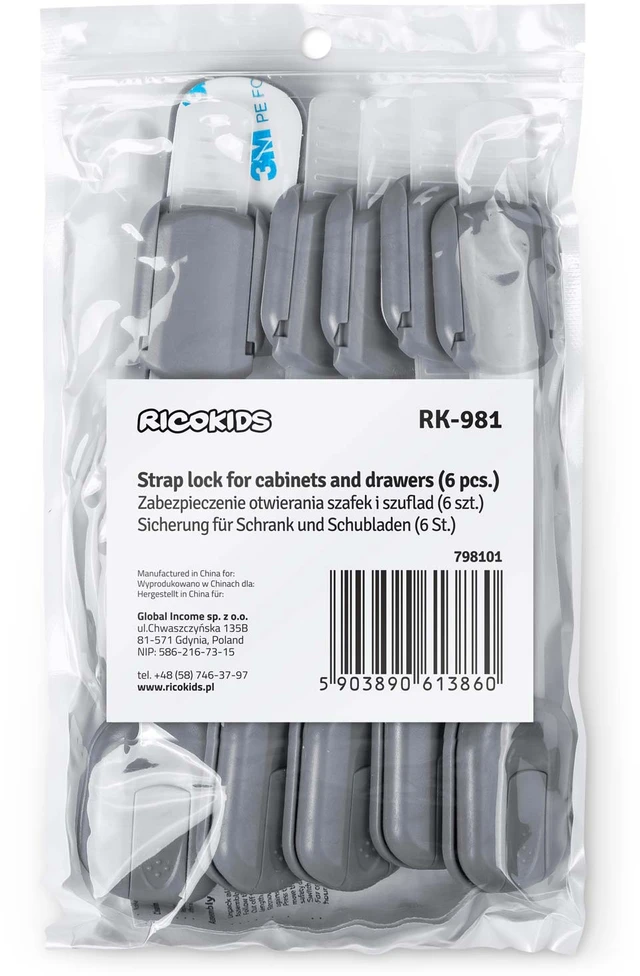Ricokids 798101 spintelės atidarymo spyna, 6 vnt, pilka