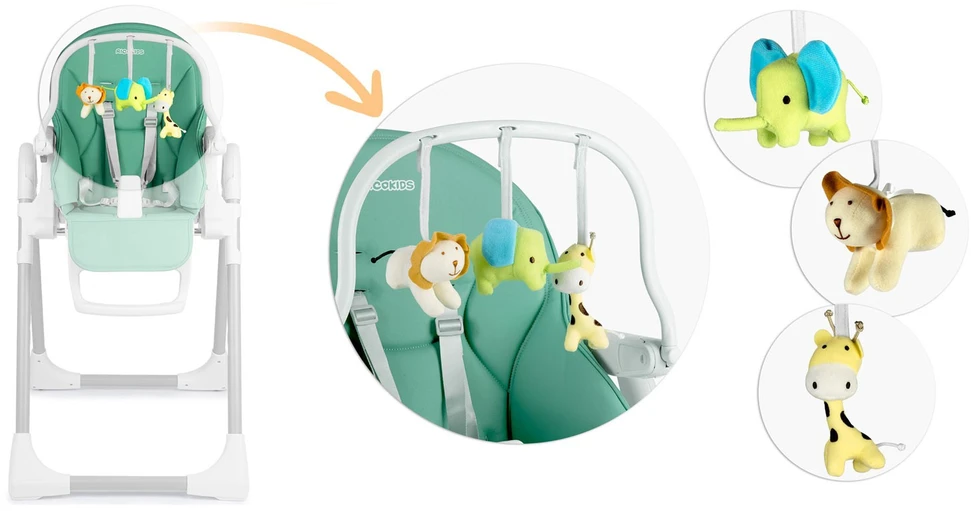Ricokids Maitinimo kėdutė su staliuku, žalia „Belo“ šokdynė + apsauginis lankelis