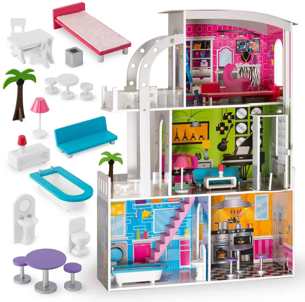Ricokids Didelis trijų aukštų medinis lėlių namelis + baldai + terasa + liftas