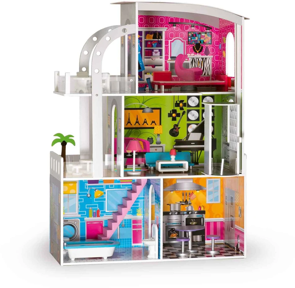 Ricokids Didelis trijų aukštų medinis lėlių namelis + baldai + terasa + liftas