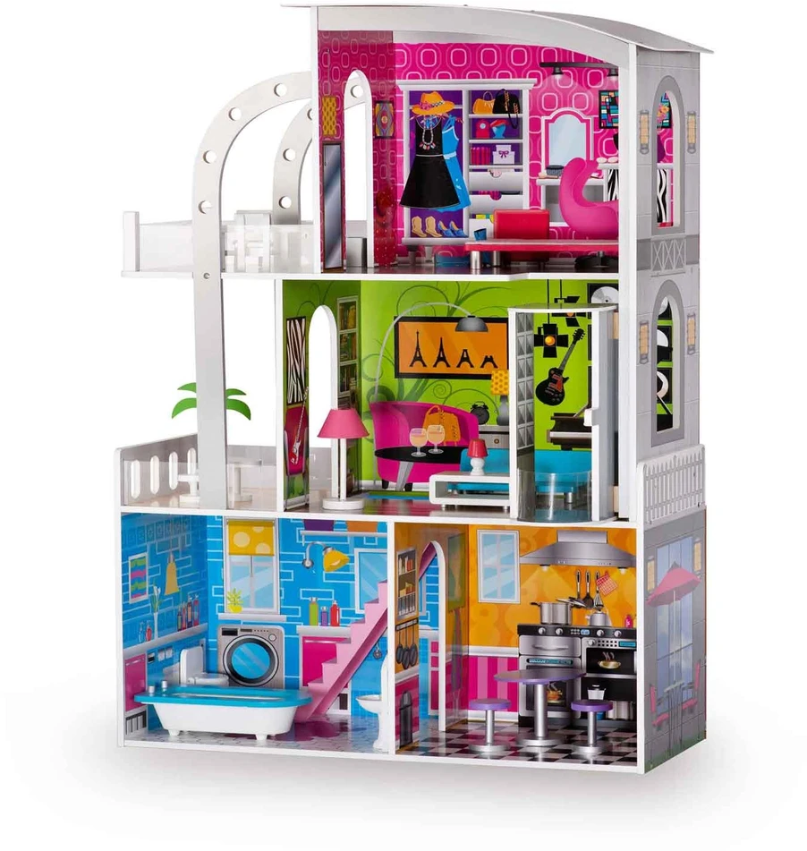 Ricokids Didelis trijų aukštų medinis lėlių namelis + baldai + terasa + liftas