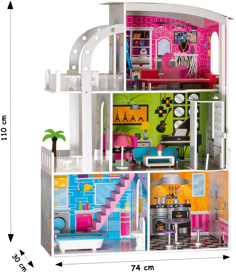 Ricokids Didelis trijų aukštų medinis lėlių namelis + baldai + terasa + liftas