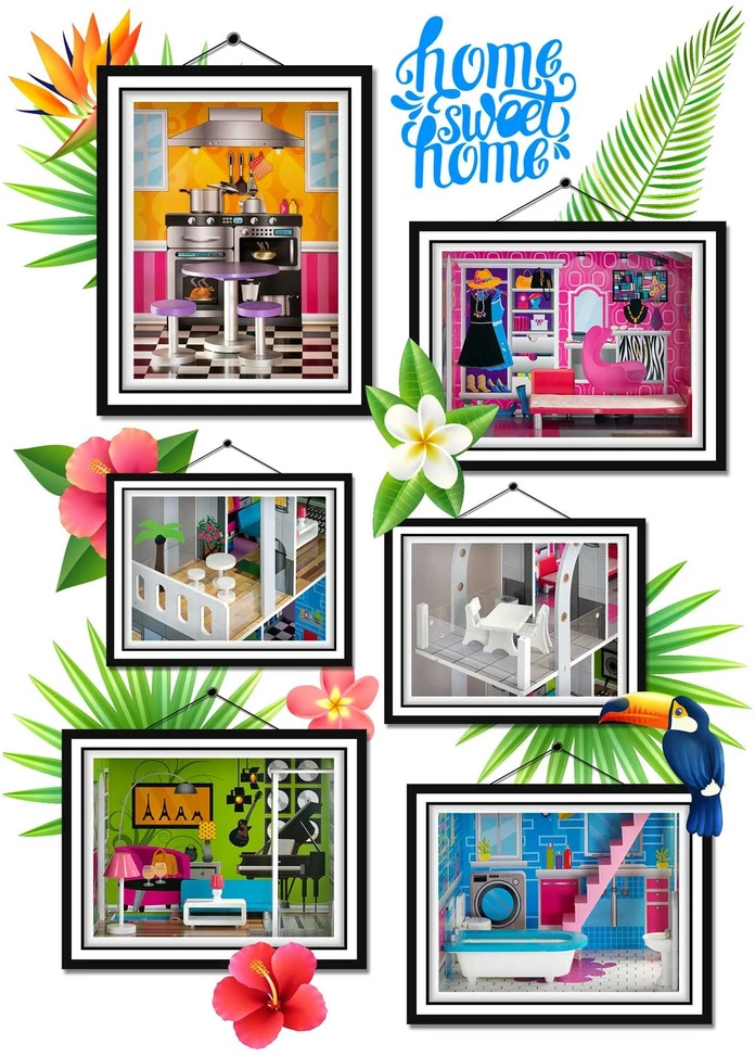 Ricokids Didelis trijų aukštų medinis lėlių namelis + baldai + terasa + liftas