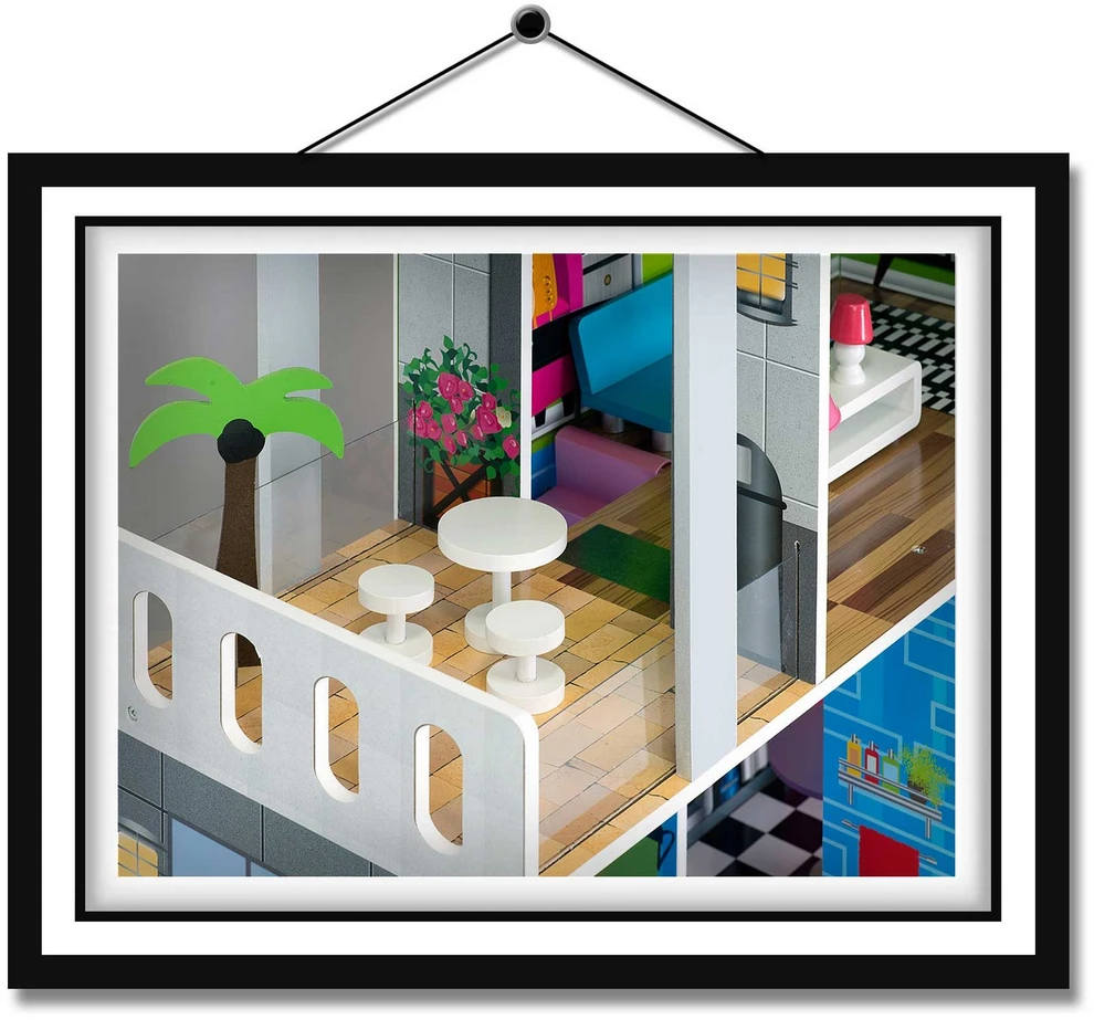 Ricokids Didelis trijų aukštų medinis lėlių namelis + baldai + terasa + liftas