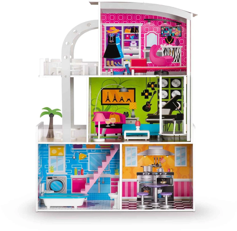 Ricokids Didelis trijų aukštų medinis lėlių namelis + baldai + terasa + liftas