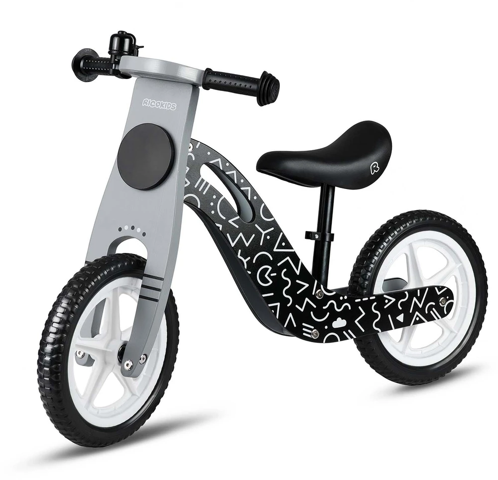 „Ricokids RC-615“ medinis balansinis dviratis, juodas ir baltas