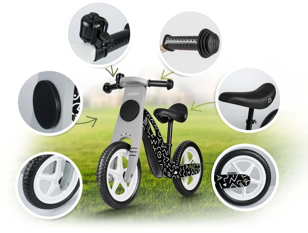 „Ricokids RC-615“ medinis balansinis dviratis, juodas ir baltas