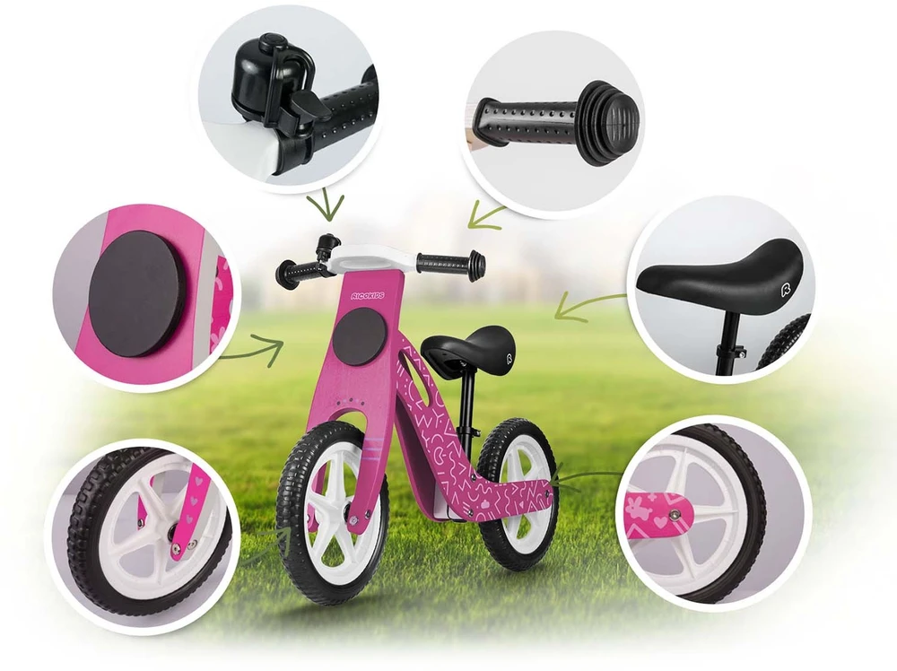 „Ricokids RC-614“ rožinis medinis balansinis dviratukas