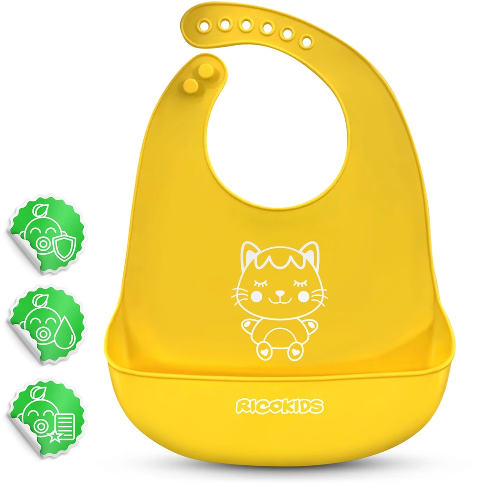 Ricokids geltonas silikoninis maitinimo seilinukas