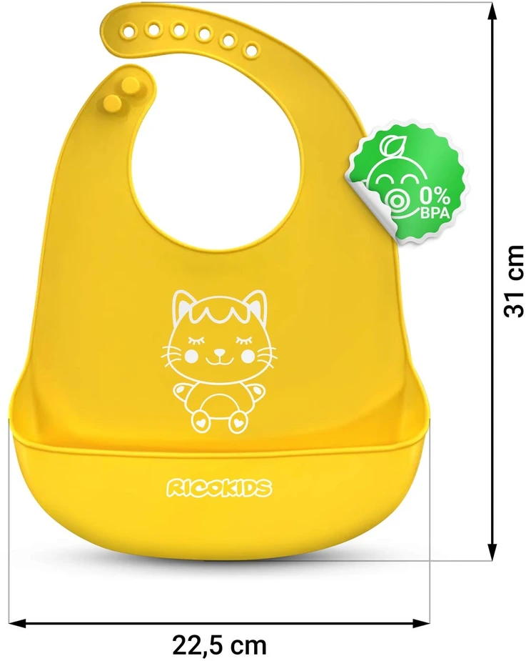 Ricokids geltonas silikoninis maitinimo seilinukas