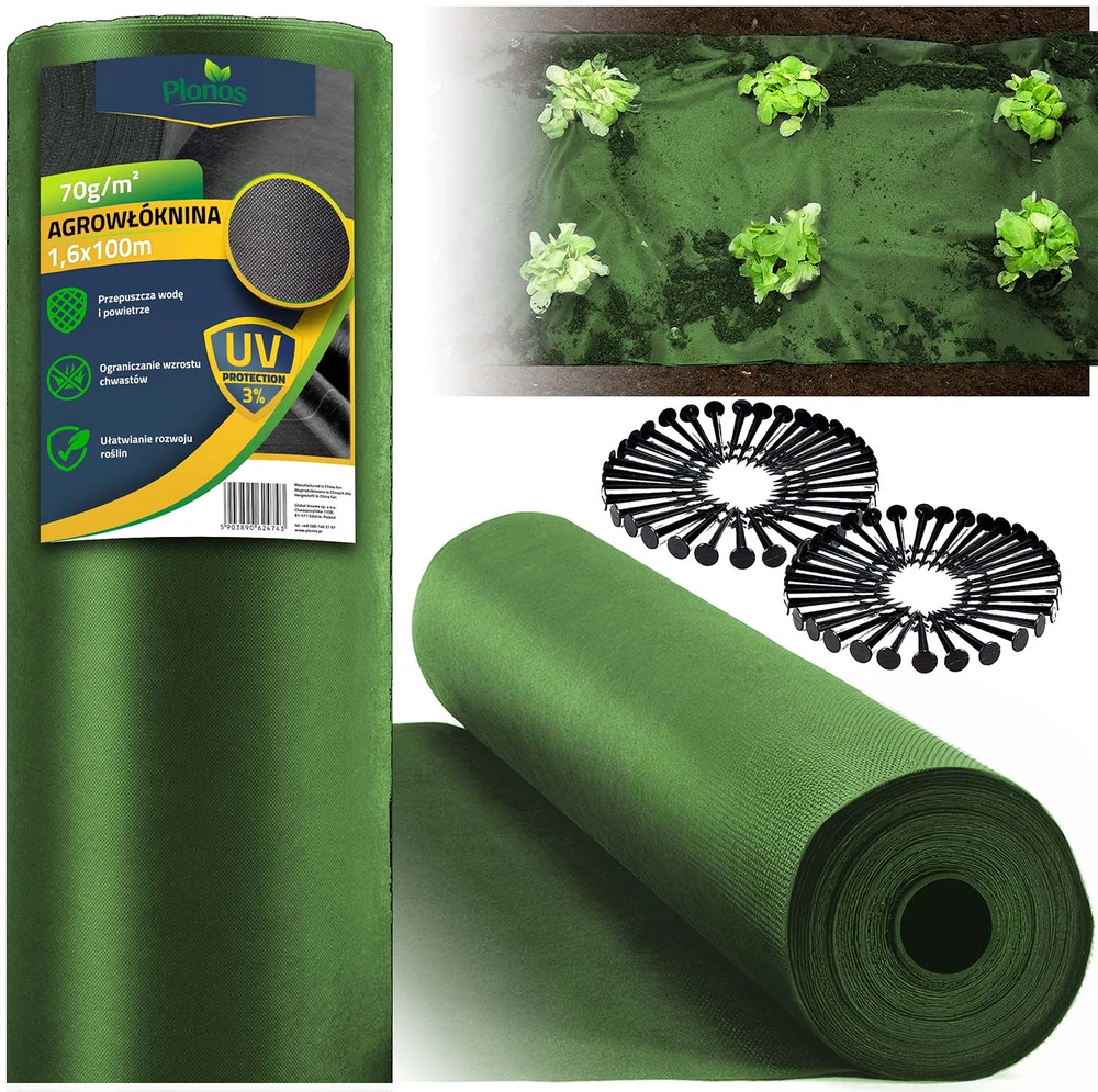 Sodo agrotekstilė 1,6 m x 100 m 90 g/m2 + 100 „Plonos“ smeigtukų - žalia
