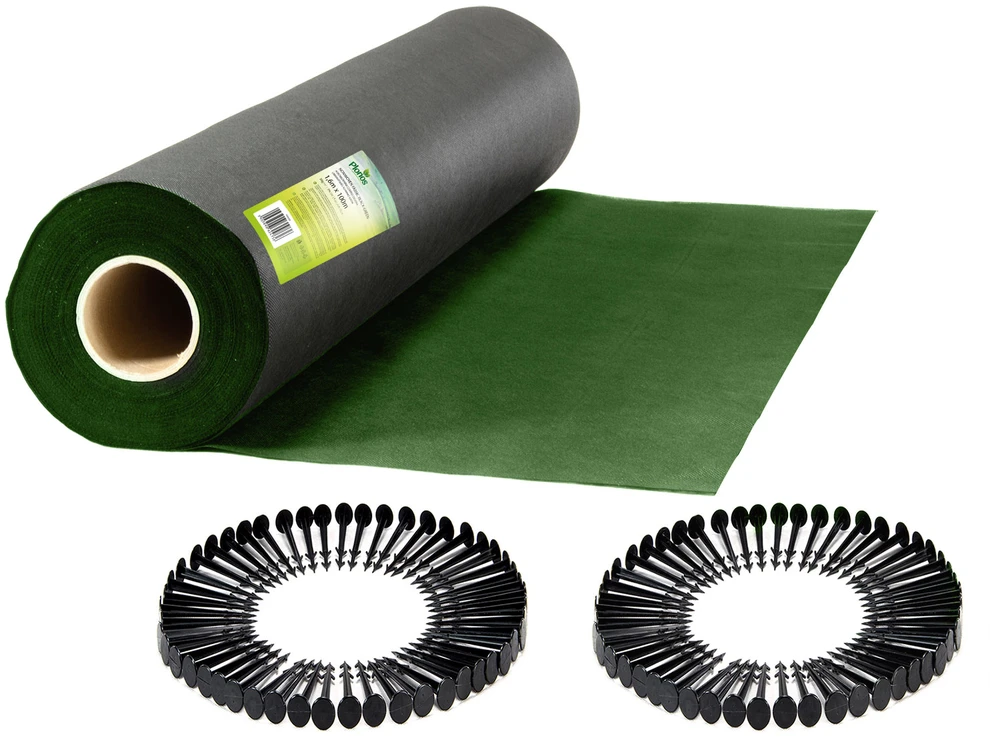 Sodo agrotekstilė 1,6 m x 100 m 90 g/m2 + 100 „Plonos“ smeigtukų - juoda ir žalia
