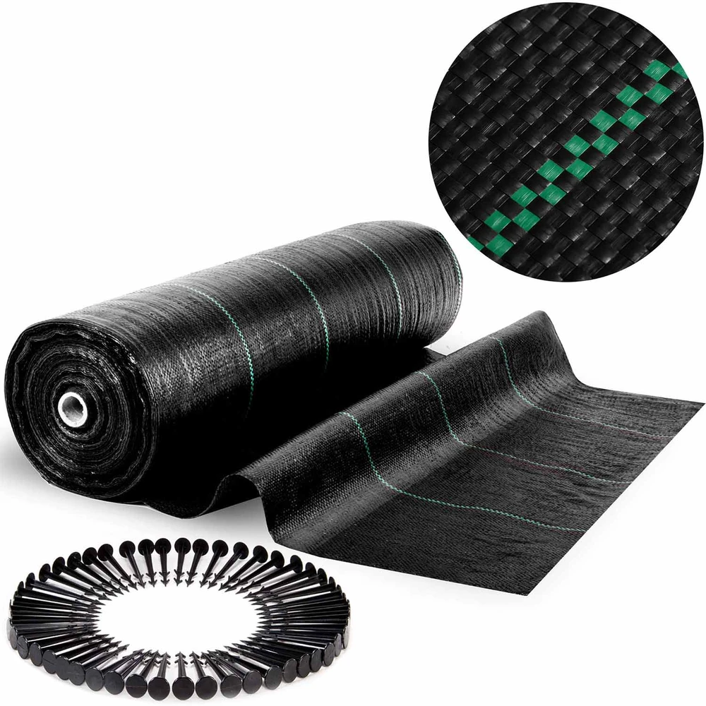 Sodo agrotekstilė 1,6 m x 50 m 70 g/m2 + 50 „Plonos“ kaiščių - juoda