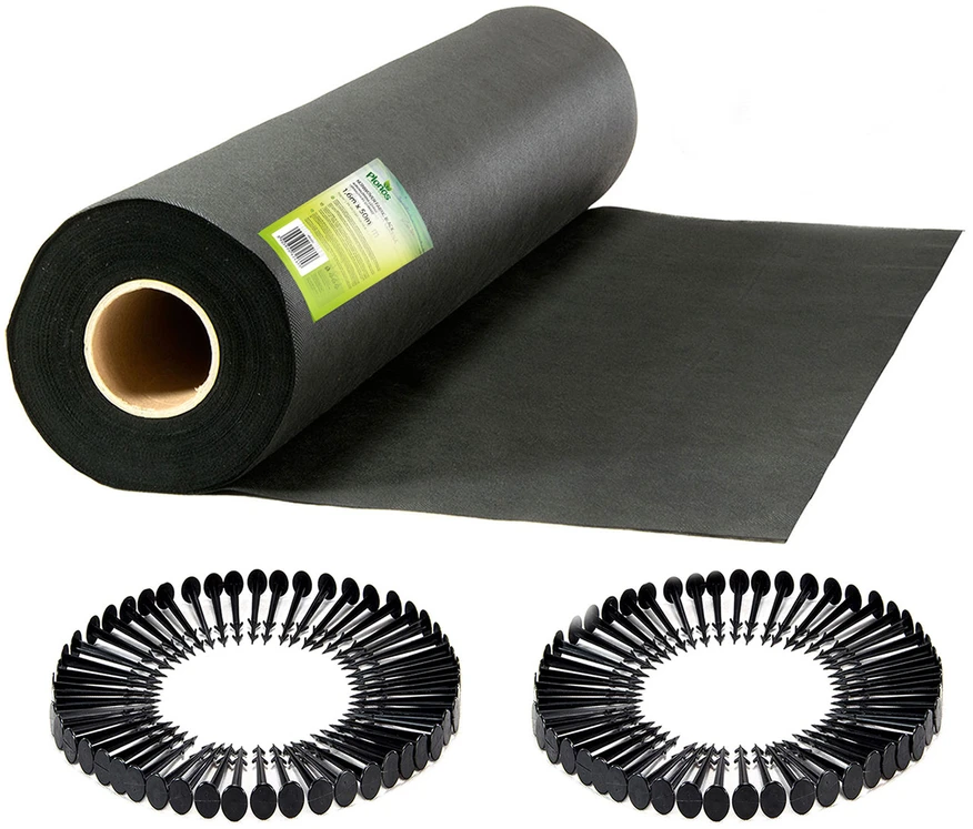Sodo agrotekstilė 1,6 m x 50 m 70 g/m2 + 100 „Plonos“ smeigtukų - juoda