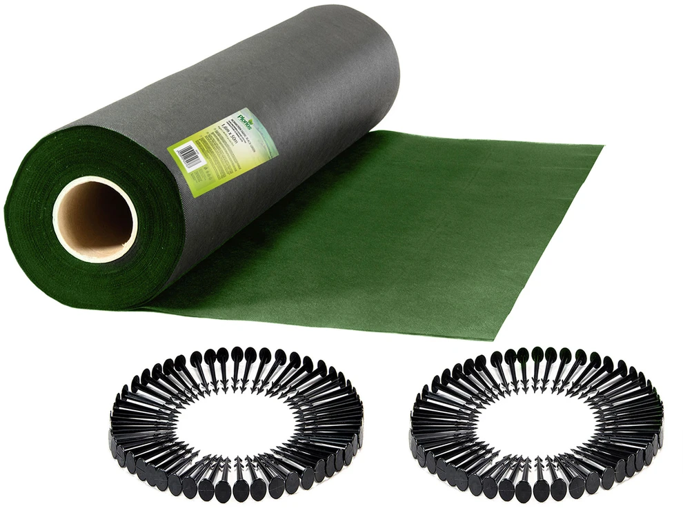 Nukido Sodo agrotekstilė 1,6 m x 50 m 90 g/m2 + 100 „Plonos“ smeigtukų - juoda ir žalia