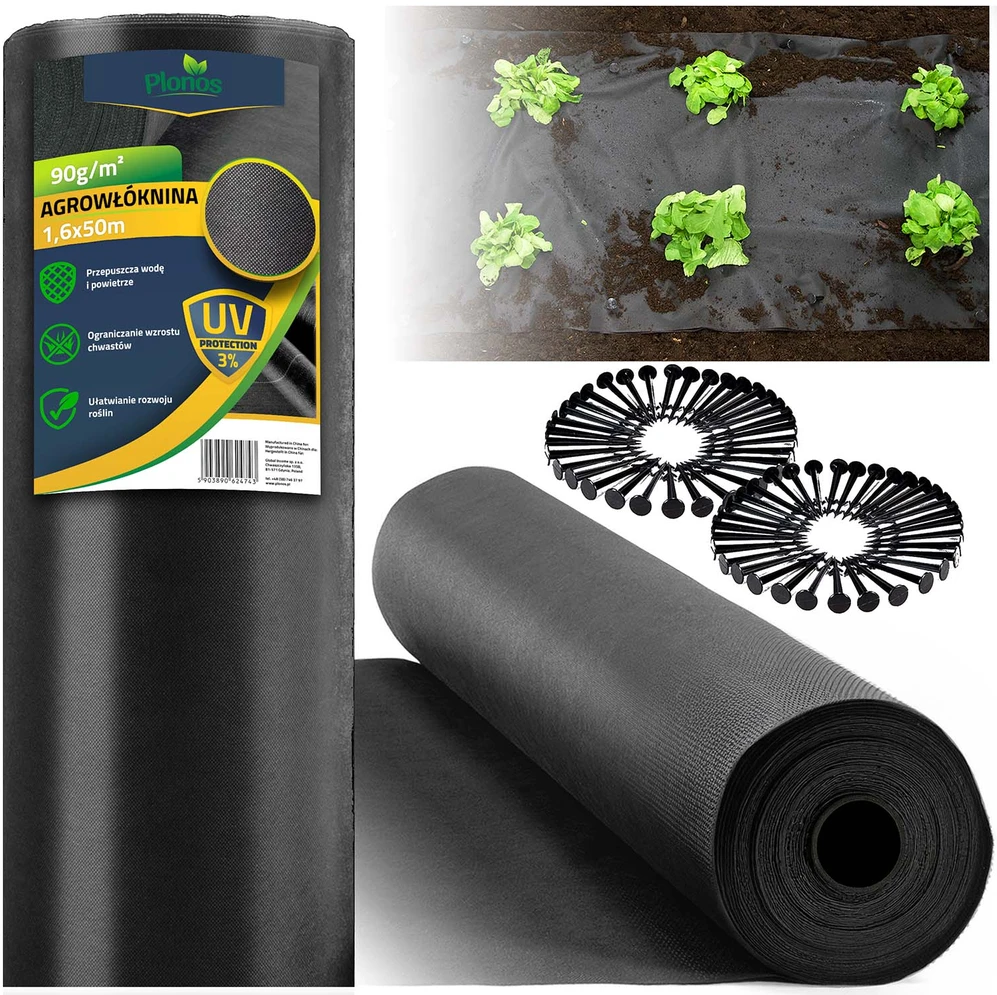 Sodo agrotekstilė 1,6 m x 50 m 90 g/m2 + 100 „Plonos“ smeigtukų - juoda