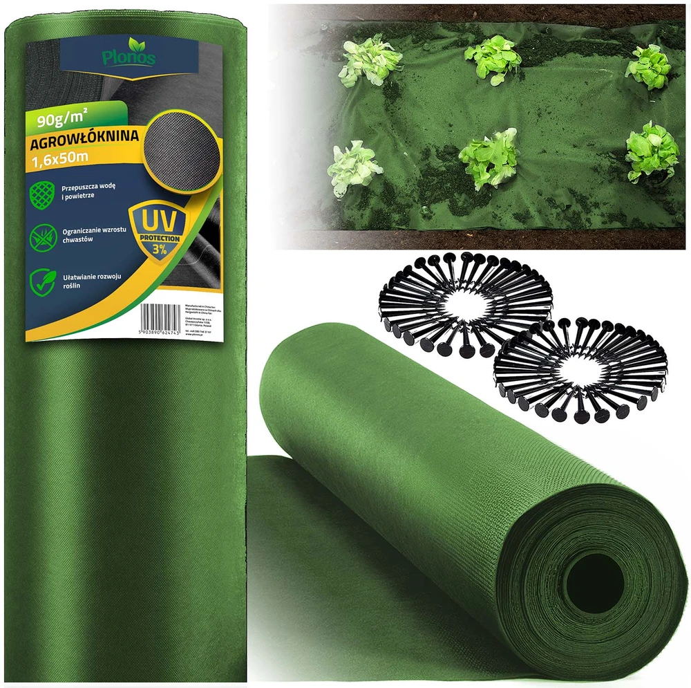 Sodo agrotekstilė 1,6 m x 50 m 90 g/m2 + 100 „Plonos“ smeigtukų - žalia