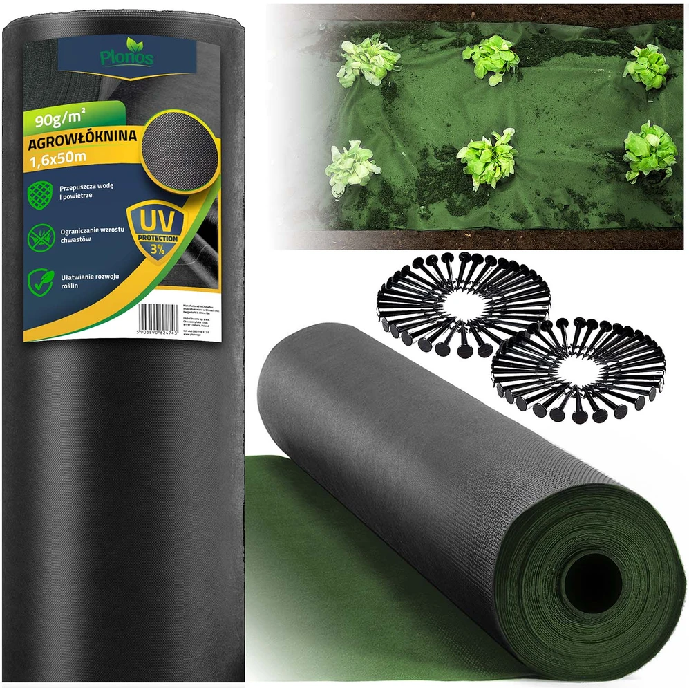 Nukido Sodo agrotekstilė 1,6 m x 50 m 90 g/m2 + 100 „Plonos“ smeigtukų - juoda ir žalia