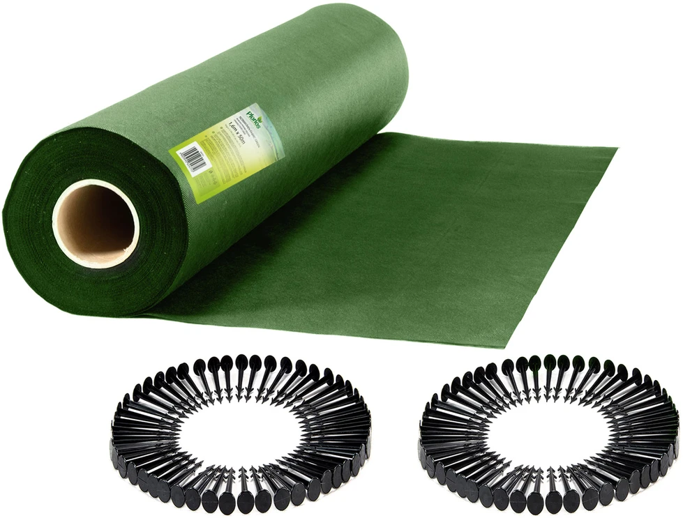 Sodo agrotekstilė 1,6 m x 50 m 90 g/m2 + 100 „Plonos“ smeigtukų - žalia