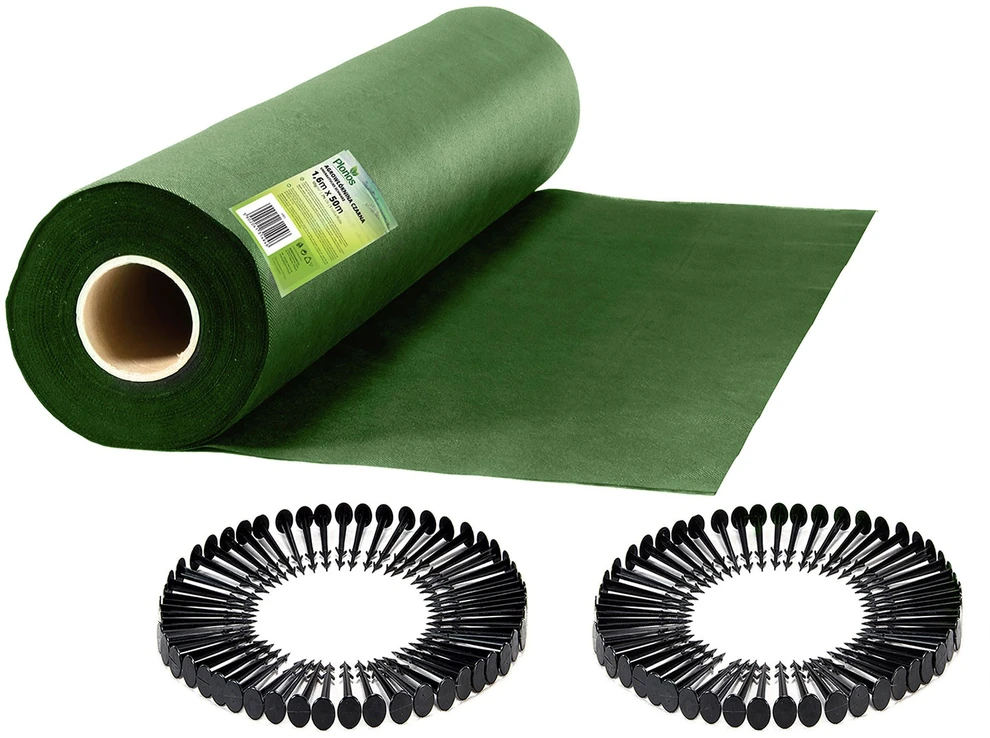Sodo agrotekstilė 1,6 m x 50 m + 100 „Plonos“ kaiščių - žalia