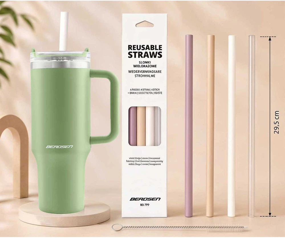 Termos próżniowy kubek su zestawem słomek 1180 ml Berdsen žalia