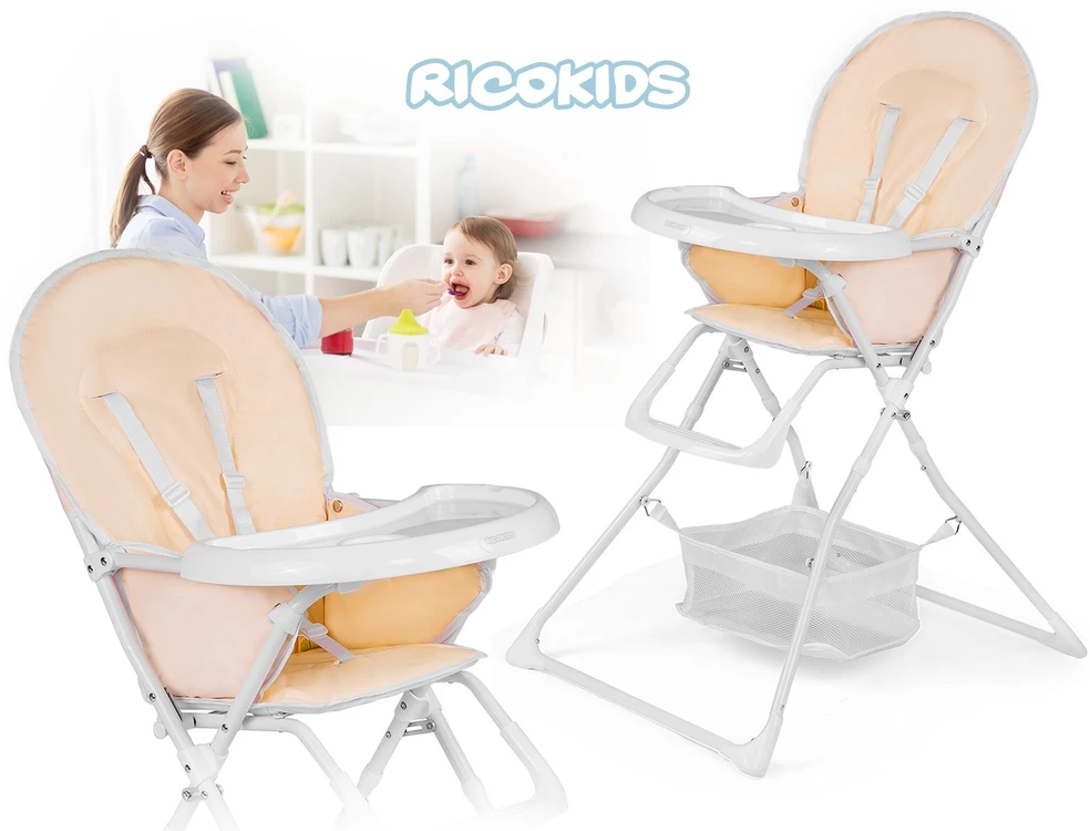 Ricokids FANDO kreminės spalvos maitinimo kėdutė su staliuku + nemokamas krepšelis