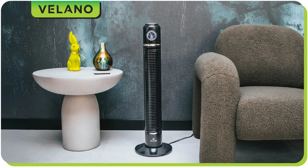 Velano Koloninis ventiliatorius, su LED ekranu, nuotolinio valdymo pultu, osciliacija, 50W, 3 greičio nustatymai, laikmatis, miegamajam, svetainei, biurui