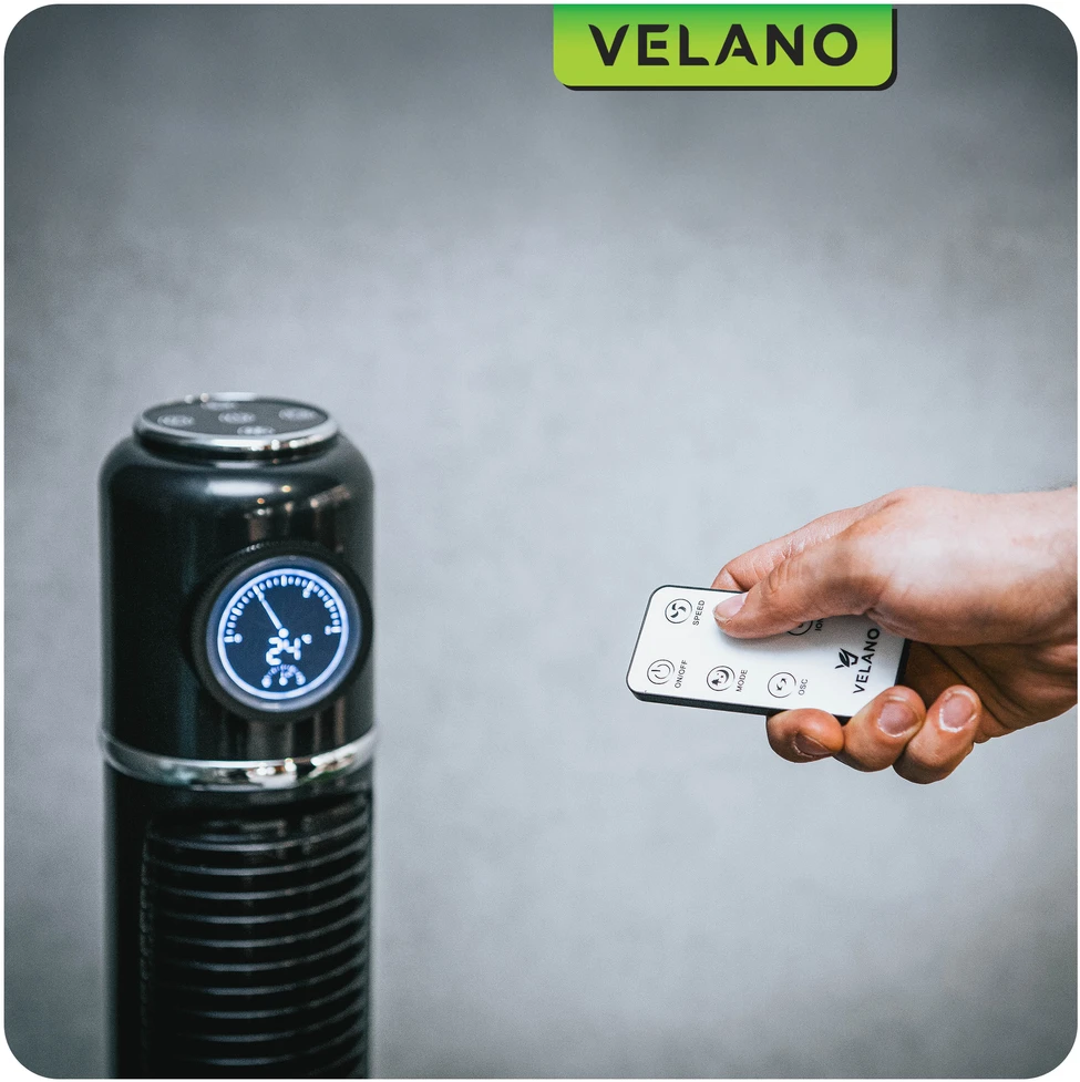 Velano Koloninis ventiliatorius, su LED ekranu, nuotolinio valdymo pultu, osciliacija, 50W, 3 greičio nustatymai, laikmatis, miegamajam, svetainei, biurui