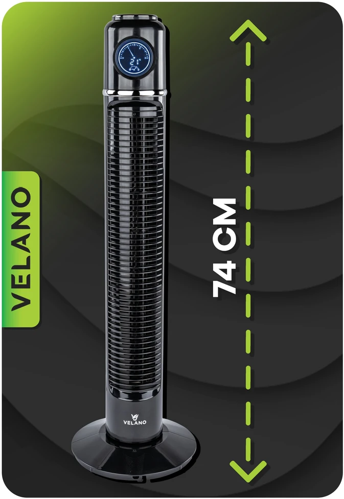 Velano Koloninis ventiliatorius, su LED ekranu, nuotolinio valdymo pultu, osciliacija, 50W, 3 greičio nustatymai, laikmatis, miegamajam, svetainei, biurui