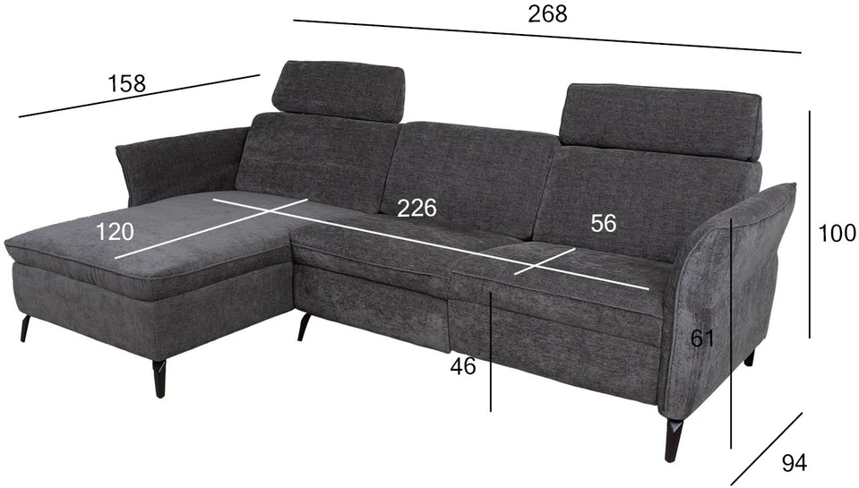 Home4You Kampinė sofa DAYTON LC, elektrinis atlošas, tamsiai pilka