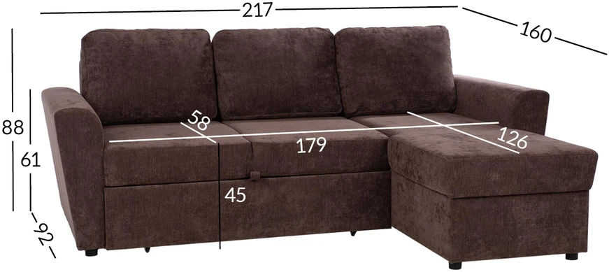 Home4You Kampinė sofa-lova su daiktadėže, ruda, 217 x 92/160 x 88 cm