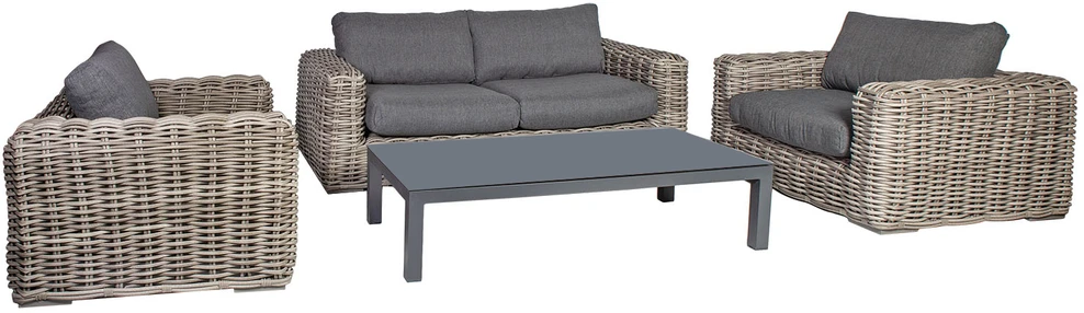 Lauko baldų komplektas Home4You Sodo baldų komplektas CALISTA stalas, sofa ir 2 kėdės, pilkos spalvos