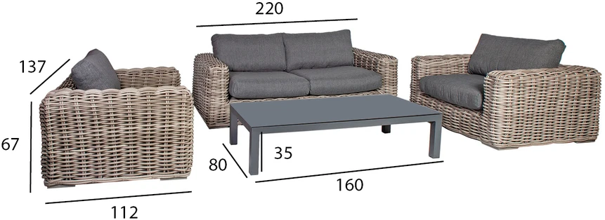 Home4You Lauko baldų komplektas CALISTA stalas, sofa ir 2 kėdės, pilkos spalvos
