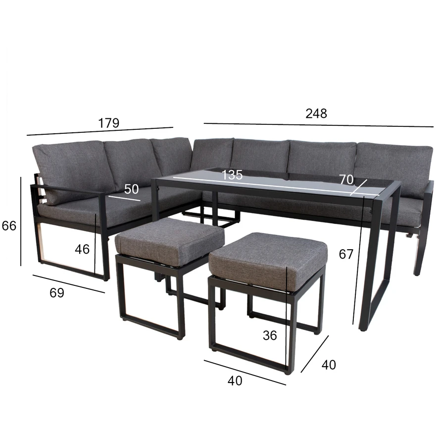Lauko baldų komplektas Sodo baldų komplektas LEIPZIG stalas, kampinė sofa, 2 pufai
