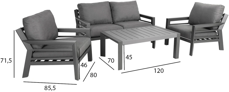 Lauko baldų komplektas Home4You Sodo baldų komplektas TOMSON stalas, sofa ir 2 kėdės, rėmas: aliumininis, pagalvėlės: pilkos