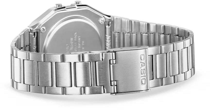 CASIO A158WA-1DF Vintage unisex skaitmeninis laikrodis su nerūdijančio plieno apyranke, juodas/sidabrinis