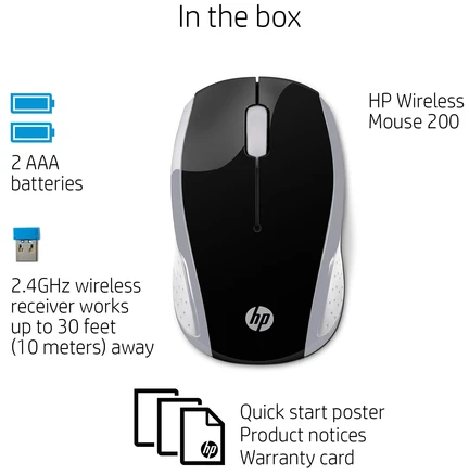 Hewlett Packard (HP) HP belaidė pelė 200 USB-A 3 mygtukai Sidabrinis/Juodas