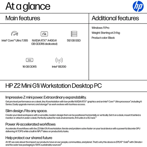 Stacionarus kompiuteris HP Z2 MINI G1I CU7 265K RTX A400 - 16GB 512GB W11P6 WIFI7 NO KB/M