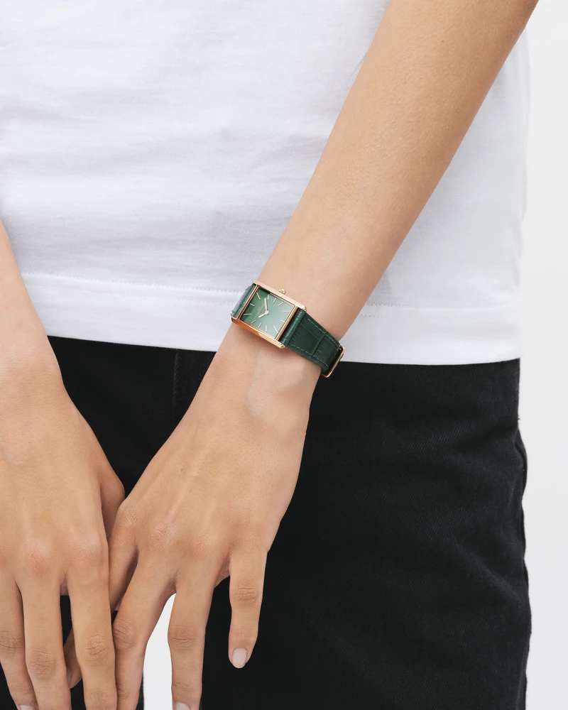 Moteriškas laikrodis DANIEL WELLINGTON surištas krokodilas smaragdinis rožinis auksas 22 mm DW00100694 + DĖŽĖ