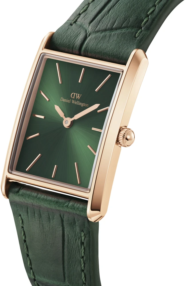 Moteriškas laikrodis DANIEL WELLINGTON surištas krokodilas smaragdinis rožinis auksas 22 mm DW00100694 + DĖŽĖ