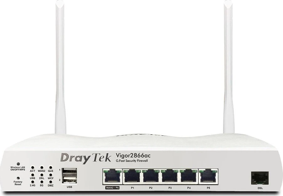 Maršrutizatorius DrayTek Draytek Vigor 2866AX: Gfast modemas-ugniasienė belaidis Gigabit Ethernet dviejų juostų (2.4 GHz/5 GHz) Pilkas